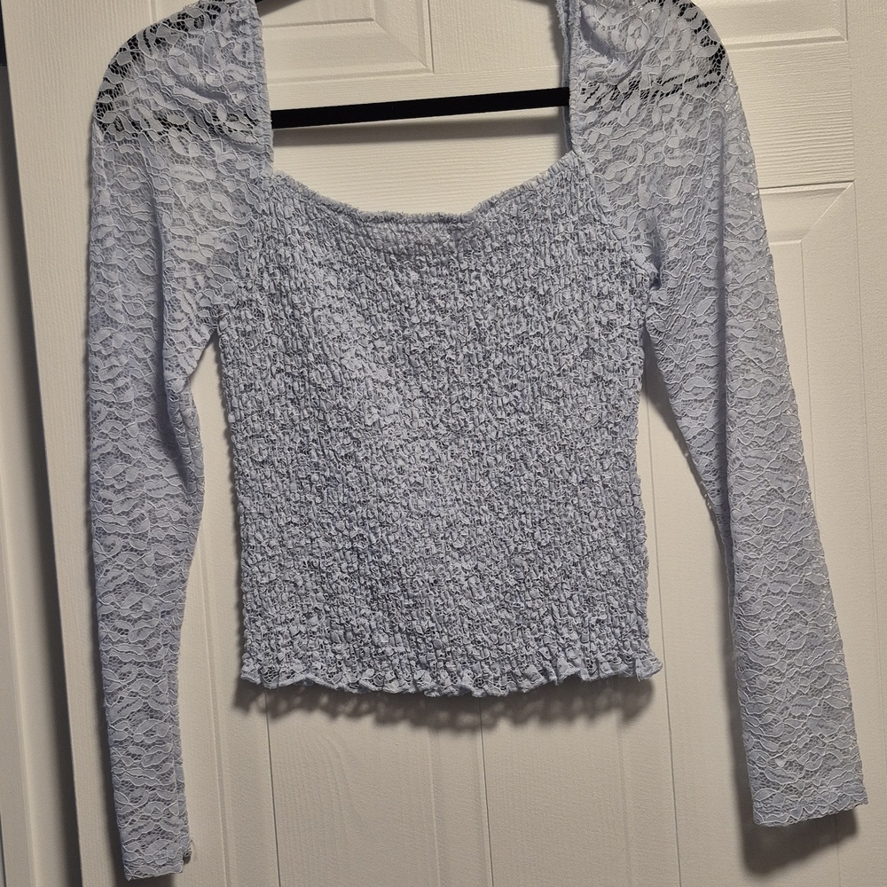 REVAMPED cropped Blue Lace Top, Square Neckline, Bodycon, MED.